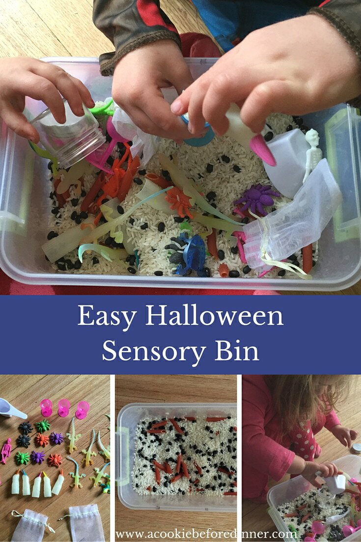 Make an easy Halloween sensory bin with rice and colored pasta.